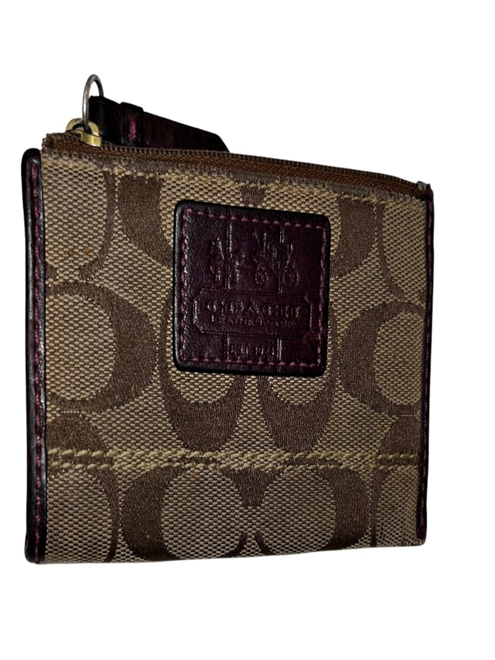 Coach classic tan C Logo print leather trim key chain credit card wallet bag
